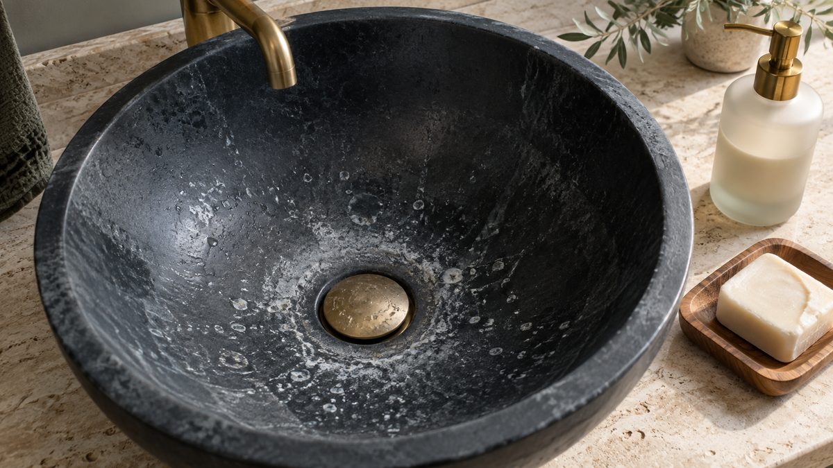 A round charcoal-black stone vessel basin seen from above, its inner surface dotted with dried water spots and a cloudy white mineral film around a brass drain; beside it on a pale travertine counter sit a bar of white soap on a wooden dish and a frosted-glass pump bottle.