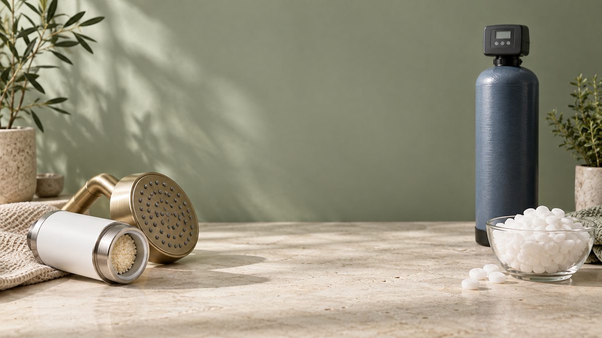 On a travertine surface against a sage-green wall: on the left, a white inline shower-filter cartridge with one end open to show granular media, lying beside a brass shower head; on the right, a tall slate-blue water-softener resin tank with a control head and a glass bowl of white salt pellets.
