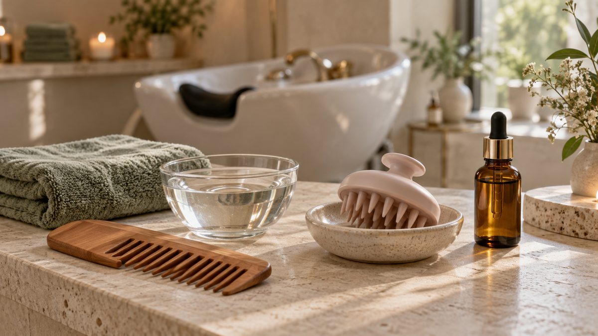 A travertine counter in a softly lit treatment room holding a sage-green towel, a wooden wide-tooth comb, a glass bowl of clear rinse, a blush-pink silicone scalp brush in a ceramic dish, and an amber dropper bottle, with a white head-spa basin out of focus behind.