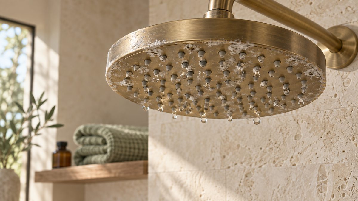 A brushed-brass rainfall shower head on a pale travertine wall, photographed from below, its nozzles and rim crusted with chalky white limescale and water droplets hanging from the nozzles; a folded sage-green towel and an amber glass bottle sit on a wooden shelf in the soft-focus background.