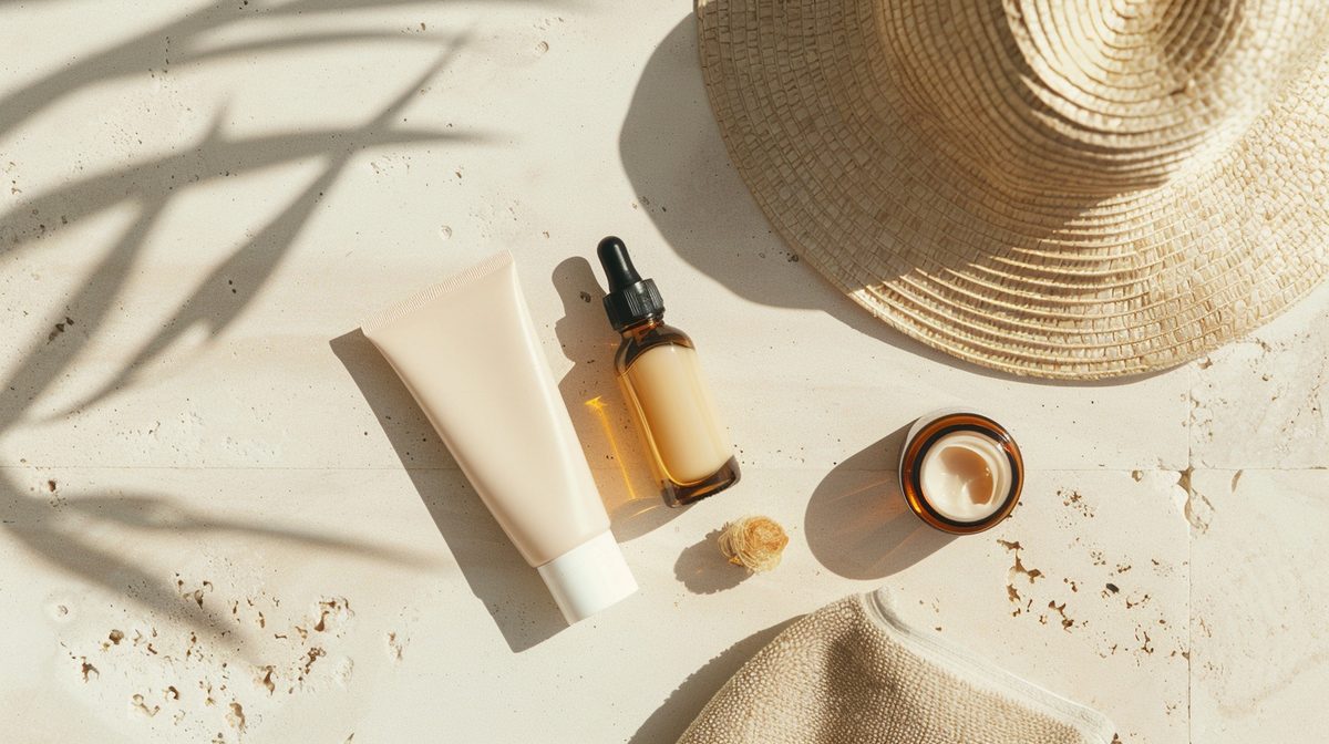 An overhead flatlay on warm cream linen: a tube of cleanser, an amber dropper bottle of facial serum, a small open ceramic jar of moisturizer, and a wide-brim natural straw hat in the corner — long palm-frond shadows cutting diagonally across the surface in late-afternoon Texas sunlight.
