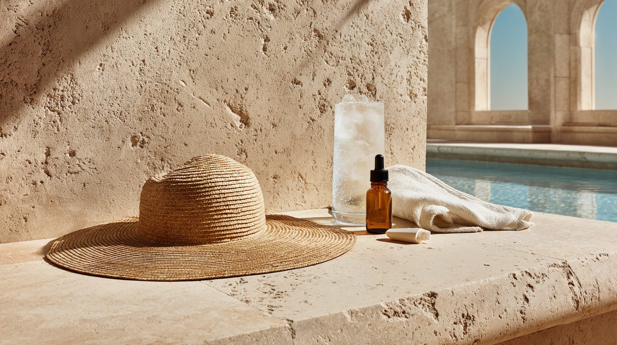 A sun-blasted travertine spa ledge at high noon in Texas summer: a wide-brim natural straw sun hat, a tall glass of iced water with heavy condensation, an amber-glass dropper bottle, and a folded white linen cloth, with an arched colonnade and a pool of cool blue water in the soft-focus background — sharp midday shadows raking across textured cream stone.