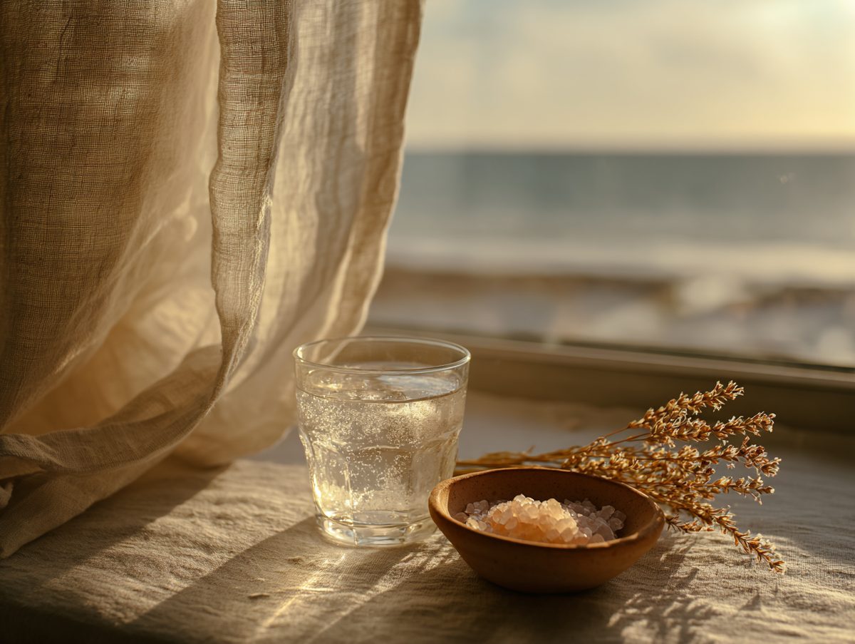 A sunlit window with a sheer linen curtain, a glass of cool water, a small bowl of pink salt, and a dried sprig — still life evoking warm-climate dehydration.