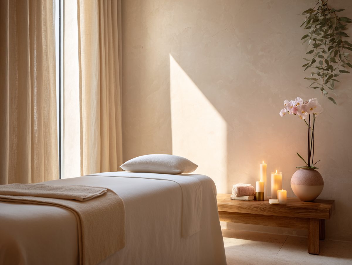 A calm, candlelit facial treatment room at Healing Lotus Spa in Dallas, with soft afternoon light, a white orchid, and flickering candles.