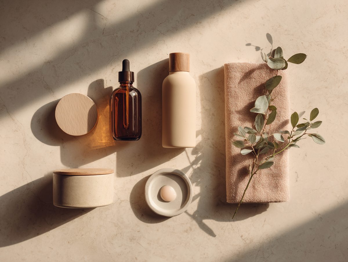 A minimalist flatlay of at-home skincare products — amber dropper serum, ceramic jars, a blush washcloth, and eucalyptus sprig — for between-facial care.