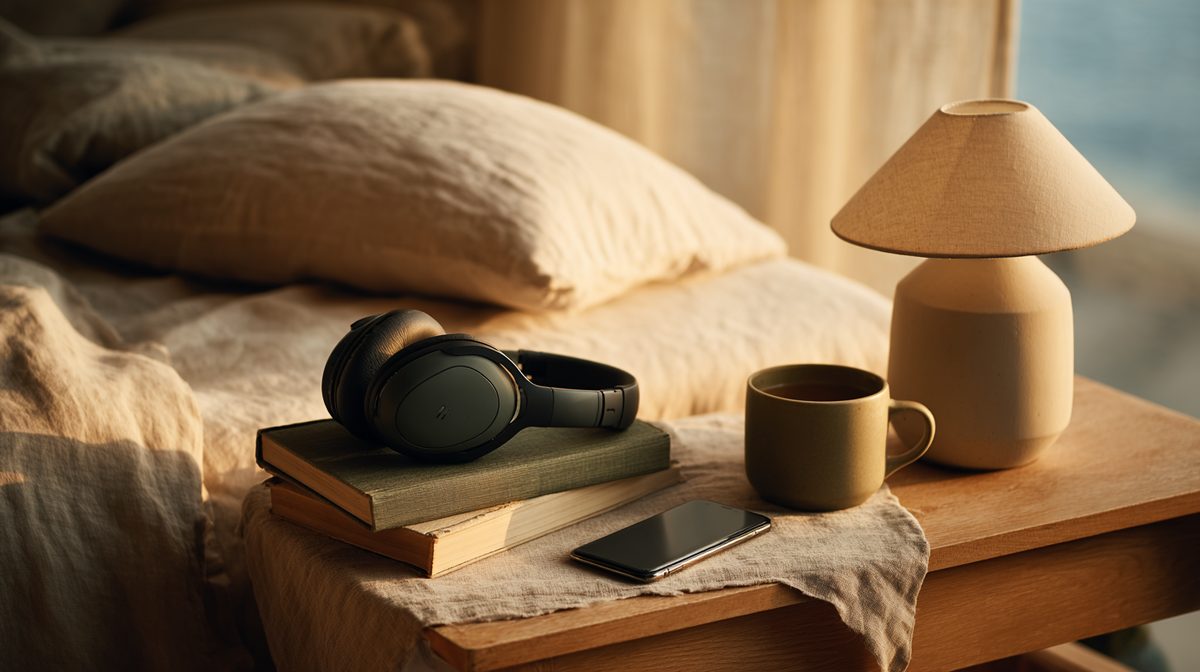 A serene bedside tableau in warm low light: a small ceramic table lamp casting a golden pool of light, a closed hardback book, a stoneware mug of pale herbal tea, a pair of matte-black over-ear headphones with sage-green ear cushions resting on the book, a smartphone placed face-down, and a small white bedside speaker.