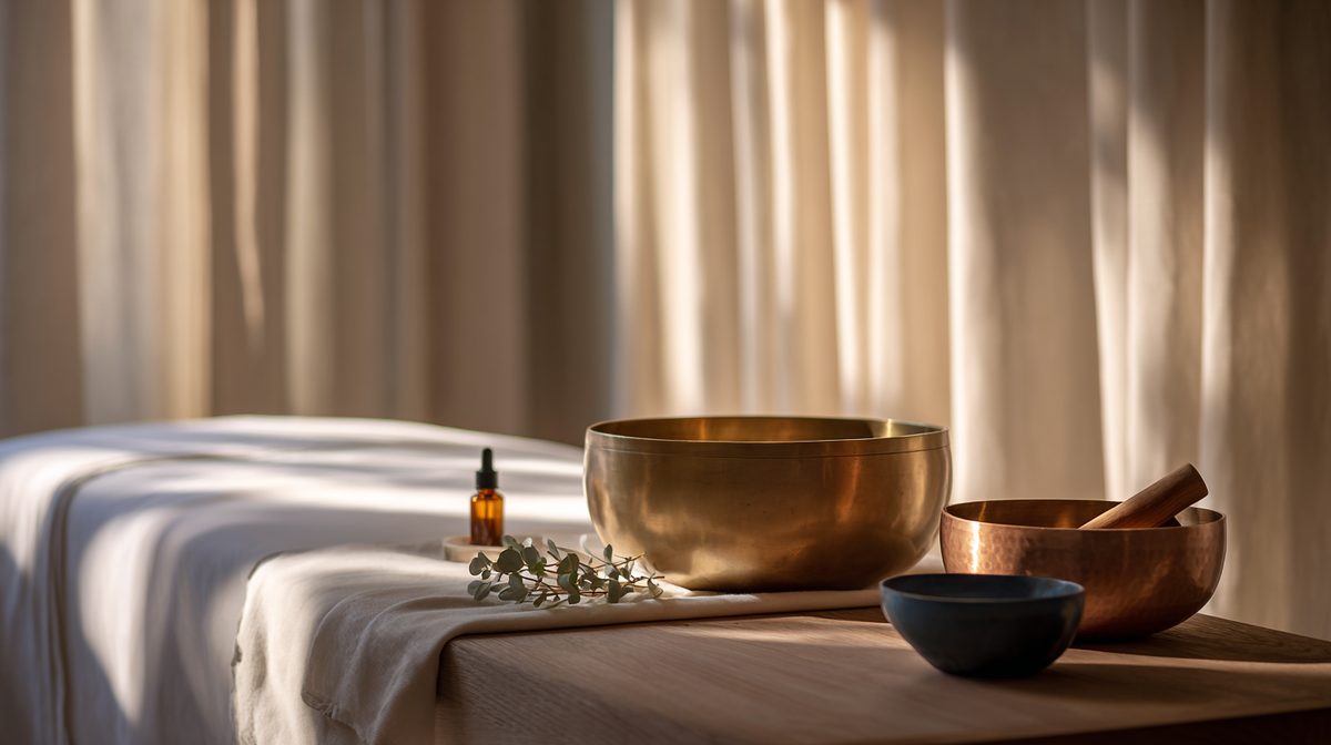 A quiet luxury spa treatment-room corner: in the soft-focus background, a treatment bed draped in heavy white linen sits beside a sheer-linen-curtained window admitting warm late-afternoon light; in the sharp foreground, a low wooden side table holds a large brushed-brass singing bowl, a smaller copper-rim bowl with a wooden mallet, a small amber-glass dropper bottle, and a sprig of pale florets.